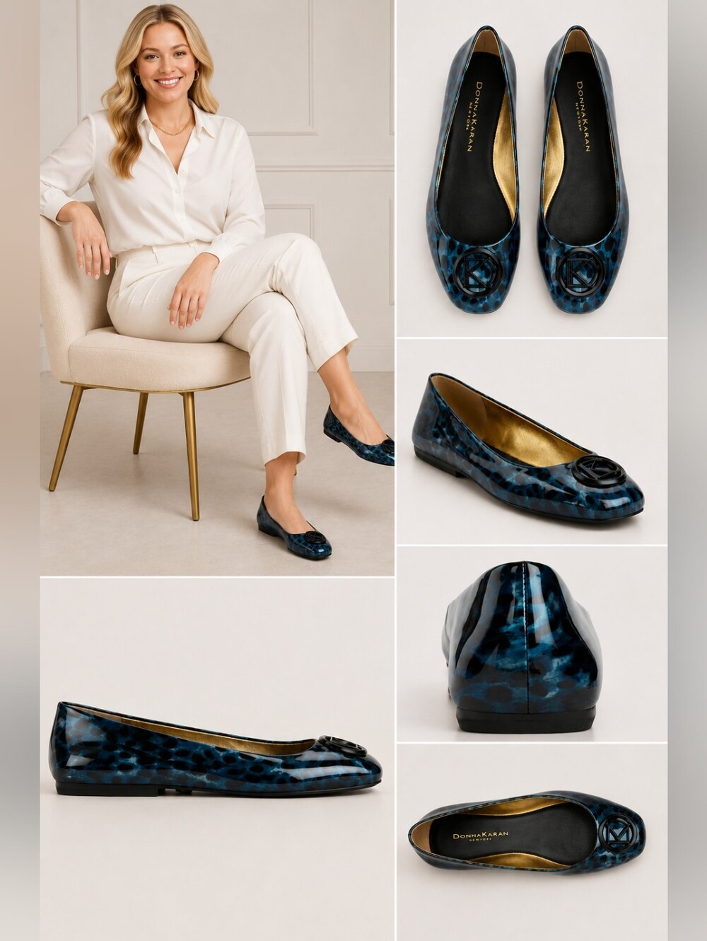 Donna Karan Blue Patent Leopard-Print Ballet Flats